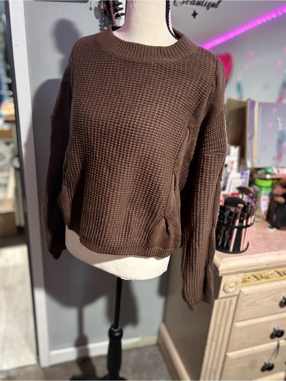 SO Brown Waffle Knit Crewneck Sweater